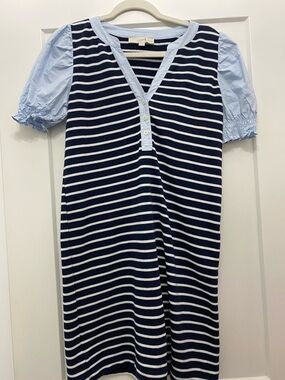 LOFT 70% Cotton Navy & Light Blue Striped Henley Dress
